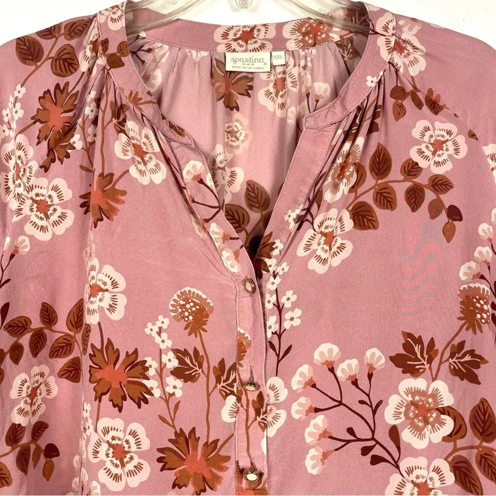 Spartina 449 Womens XXL Cora Silk Mauve Pink Floral Long Sleeve Blouse Top